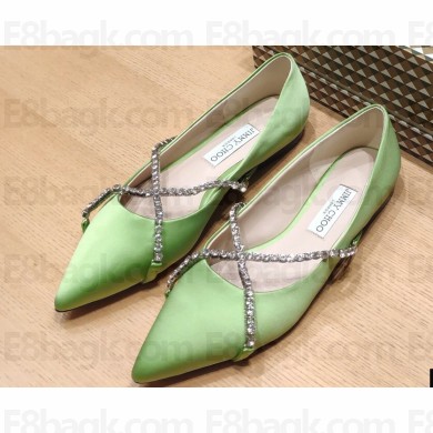 Jimmy Choo GENEVI Pointed-Toe Flats Satin Green with Crystal Chain 2023