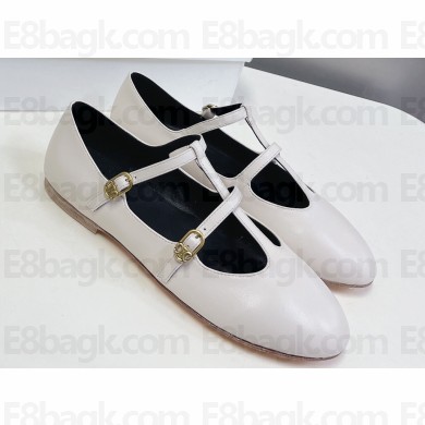 Celine DOUBLE STRAP MARY JANE BALLERINAs in Patent Calfskin White 2023
