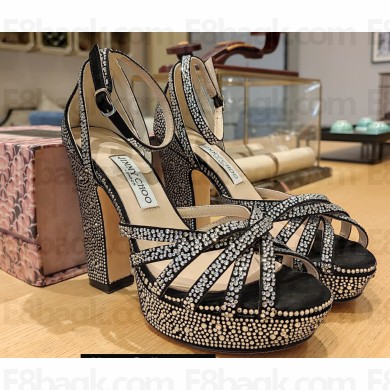 Jimmy Choo Heel 12cm Platform 4cm ISRA Sandals Crystal Black 2023
