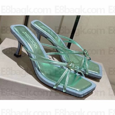 Jimmy Choo Heel 7cm Indiya Nappa Leather Mules Green with Crystal Hearts 2023