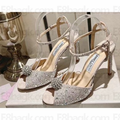 Jimmy Choo Heel 10cm Nude Suede Sacora Sandals with Hotfix Crystals and Sphere Detail 2023