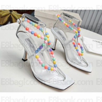 Jimmy Choo Heel 8.5cm Amiral Sandals White with Beaded Raffia 2023