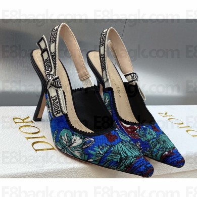 Dior Heel 9.5cm J'Adior Slingback Pumps in Cobalt Blue Multicolor Embroidered Cotton with Toile de Jouy Voyage Motif 2023