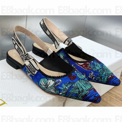 Dior J'Adior Slingback Ballerina Flats in Cobalt Blue Multicolor Embroidered Cotton with Toile de Jouy Voyage Motif 2023