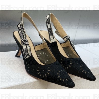 Dior Heel 6.5cm J'Adior Slingback Pumps in Black Embroidered with Camel-Colored Saint-Gall Motif 2023
