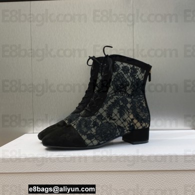 Dior Heel 3cm Naughtily-D Ankle Boots in Black Transparent Mesh and Suede Embroidered with Dior Roses Motif 2023