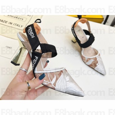Fendi Colibrì mesh high-heeled slingbacks with floral embroidery White/Black 2023