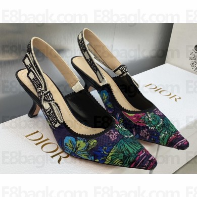 Dior Heel 6.5cm J'Adior Slingback Pumps in Purple Multicolor Embroidered Cotton with Toile de Jouy Voyage Motif 2023