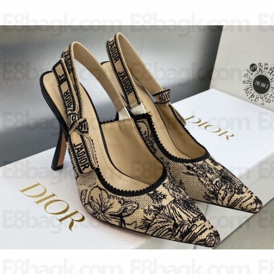 Dior Heel 9.5cm J'Adior Slingback Pumps in Beige Multicolor Embroidered Cotton with Toile de Jouy Voyage Motif 2023