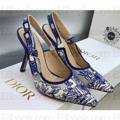 Dior Heel 9.5cm J'Adior Slingback Pumps in Blue Multicolor Embroidered Cotton with Toile de Jouy Voyage Motif 2023