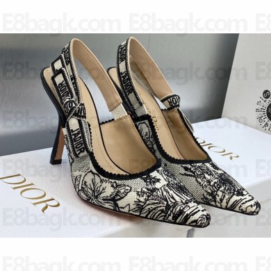 Dior Heel 9.5cm J'Adior Slingback Pumps in Black Multicolor Embroidered Cotton with Toile de Jouy Voyage Motif 2023
