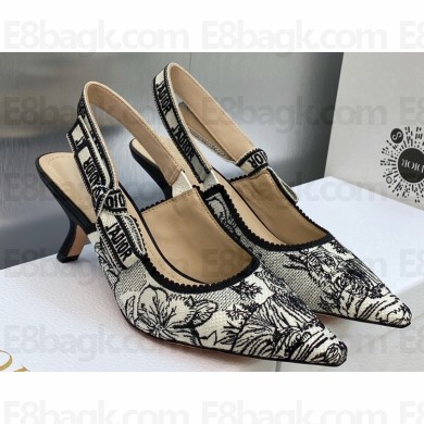 Dior Heel 6.5cm J'Adior Slingback Pumps in Black Multicolor Embroidered Cotton with Toile de Jouy Voyage Motif 2023