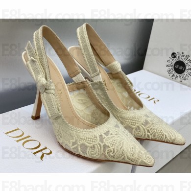 Dior Heel 9.5cm J'Adior Slingback Pumps in White Transparent Mesh Embroidered with D-Lace Macramé Motif 2023