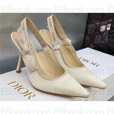 Dior Heel 9.5cm J'Adior Slingback Pumps in White Embroidered Satin and Cotton 2023
