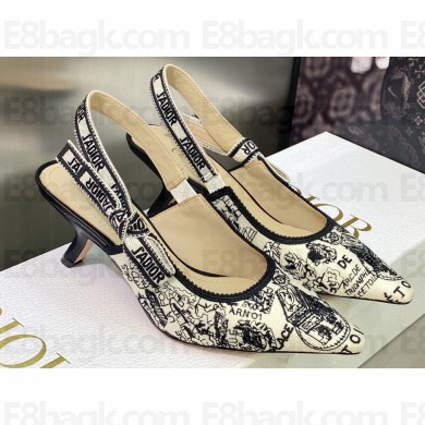 Dior Heel 6.5cm J'Adior Slingback Pumps in White Cotton Embroidered with Plan de Paris Motif 2023