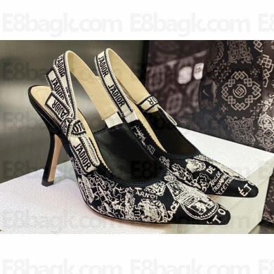 Dior Heel 9.5cm J'Adior Slingback Pumps in Black Cotton Embroidered with Plan de Paris Motif 2023