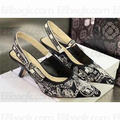 Dior Heel 6.5cm J'Adior Slingback Pumps in Black Cotton Embroidered with Plan de Paris Motif 2023