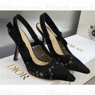 Dior Heel 9.5cm J'Adior Slingback Pumps in Black Transparent Mesh Embroidered with D-Lace Macramé Motif 2023