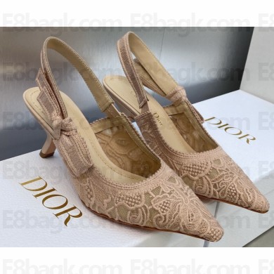 Dior Heel 6.5cm J'Adior Slingback Pumps in Nude Transparent Mesh Embroidered with D-Lace Macramé Motif 2023