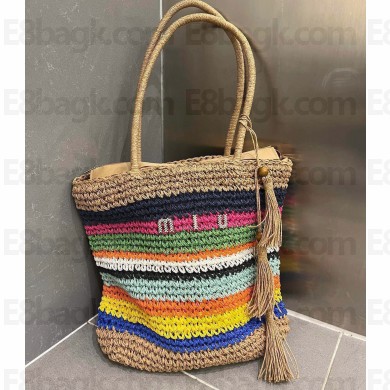 Cheap Sale Miu Miu Raffia and Leather Tote Bag Striped 2023