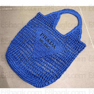 Cheap Sale Prada Raffia Crochet and Leather Tote Bag Blue 2023