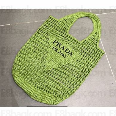 Cheap Sale Prada Raffia Crochet and Leather Tote Bag Green 2023