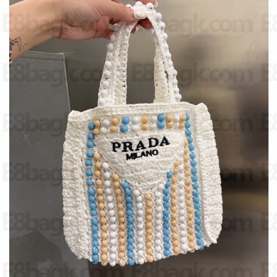Cheap Sale Prada Raffia Crochet Tote Bag with wooden beads 1BG425 White 2023