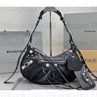 Balenciaga Le Cagole Small Shoulder Bag in crocodile embossed calfskin Black with rhinestones