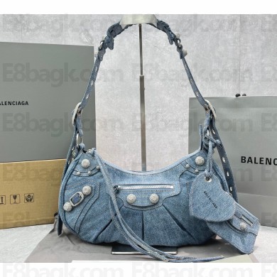 Balenciaga Le Cagole Small Shoulder Bag in blue demin with rhinestones