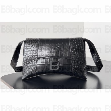 Balenciaga Downtown XS Shoulder Bag in calfskin crocodile embossed Black