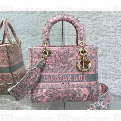 Lady Dior Medium D-Lite Bag  in Pink and Gray Toile de Jouy Sauvage Embroidery