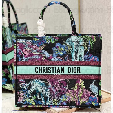 Dior Large Book Tote Bag in Multicolor Toile de Jouy Voyage Embroidery Green