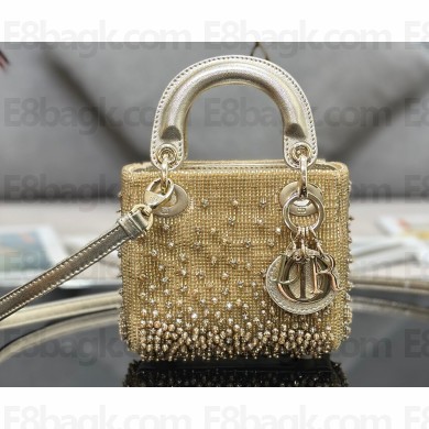 Lady Dior Micro Bag Gold in Satin with Gradient Bead Embroidery