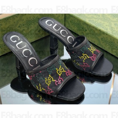 Gucci Heel 7.5cm GG crystal mesh mid-heel slide sandals 747245 Black/Multicolor 2023