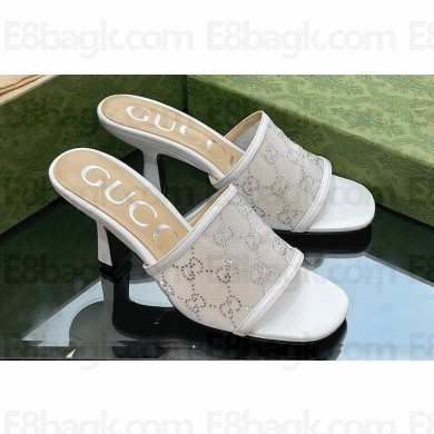 Gucci Heel 7.5cm GG crystal mesh mid-heel slide sandals 747245 White 2023