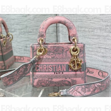 Lady Dior Mini D-Lite Bag  in Pink and Gray Toile de Jouy Sauvage Embroidery