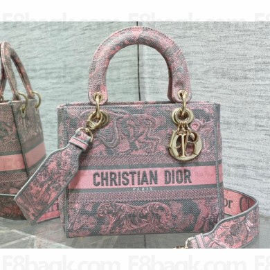 Lady Dior Medium D-Lite Bag  in Gray and Pink Toile de Jouy Reverse Embroidery