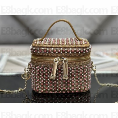 Lady Dior Micro Vanity Case In Gold Tone Square Motif Embroidery Set With Strass And Round Beads 01