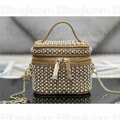 Lady Dior Micro Vanity Case In Gold Tone Square Motif Embroidery Set With Strass And Round Beads 03