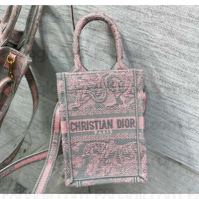 Dior Mini Dioriviera Book Tote Phone Bag in Gray and Pink Toile de Jouy Reverse Embroidery