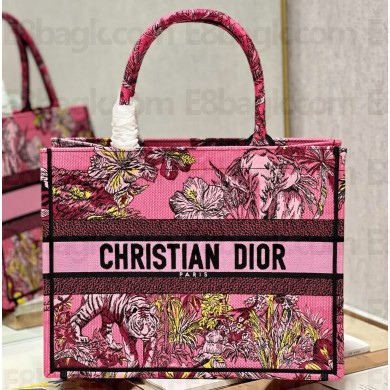 Dior Medium Book Tote Bag in Multicolor Toile de Jouy Voyage Embroidery Fuchsia