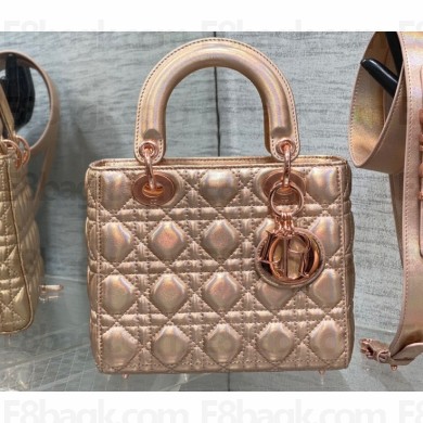 Lady Dior Small Bag in Iridescent and Cannage Lambskin Pink Gold