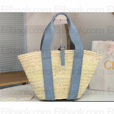 Chloe Sense medium basket bag in raffia Sky Blue