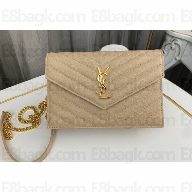 Saint Laurent cassandre matelassé envelope chain wallet in grain de poudre embossed leather 393953/742920/695108 Beige/Gold