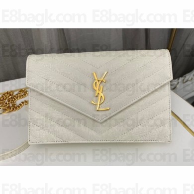 Saint Laurent cassandre matelassé envelope chain wallet in grain de poudre embossed leather 393953/742920/695108 White/Gold