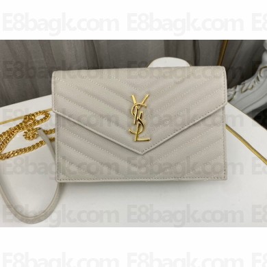 Saint Laurent cassandre matelassé envelope chain wallet in grain de poudre embossed leather 393953/742920/695108 Creamy/Gold