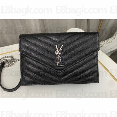 Saint Laurent cassandre matelassé envelope chain wallet in grain de poudre embossed leather 393953/742920/695108 Black/Silver