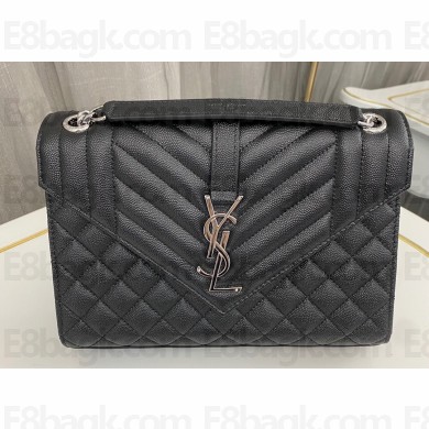 Saint Laurent medium envelope Bag in quilted grain de poudre embossed leather 600185 Black/Silver