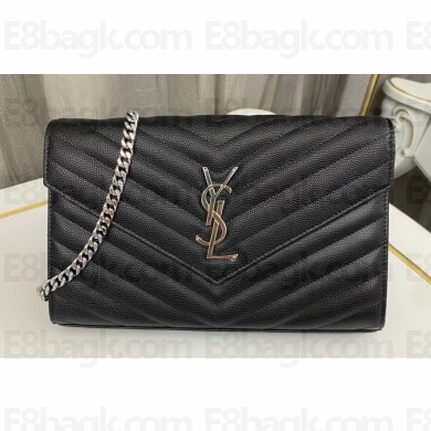 Saint Laurent cassandre matelassé chain wallet in grain de poudre embossed leather 377828 Black/Silver