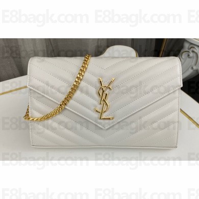 Saint Laurent cassandre matelassé chain wallet in grain de poudre embossed leather 377828 White/Gold